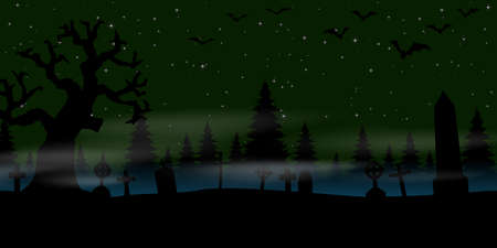 eps vector cemetery in front of woodlands with full moon with scary illustrated elements for Halloween background layoutsのイラスト素材