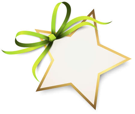 EPS 10 vector illustration of green colored ribbon bow and gift band with shape of a golden star pendant for christmas greetings isolated on white backgroundのイラスト素材
