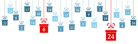 hanging christmas gifts colored blue with numbers 1 to 24 showing advent calendar for xmas and winter time concepts panorama styleのイラスト素材