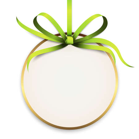 eps vector illustration of round cardboard hang tag with shadow and free space for greetings and beautiful styled ribbon bow colored greenのイラスト素材