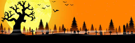 eps vector cemetery in front of woodlands with full moon with scary illustrated elements for Halloween background layoutsのイラスト素材