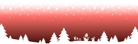 eps vector file showing a christmas panorama header with fall of snow and silhouette of forest trees, background colored redのイラスト素材