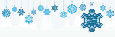 vector panorama banner with different hanging snow stars colored blue in front of wintertime tree...