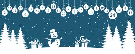 hanging christmas balls colored white with numbers 1 to 24 showing advent calendar for xmas and winter time concepts with wintry fir tree background and snow fallのイラスト素材