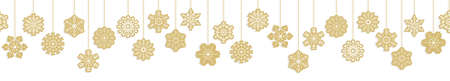 seamless vector panorama banner with different hanging snow stars colored gold for christmas and winter time conceptsのイラスト素材