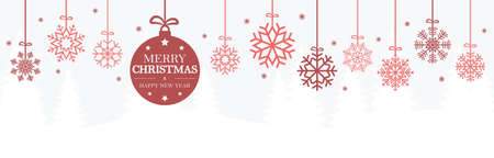 hanging abstract snow flakes colored red for christmas and winter time concepts, fir tree background and greetings for xmas and New Yearのイラスト素材
