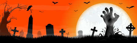 undead zombie hand in front of full moon with scary illustrated elements for Halloween horror background layoutsのイラスト素材