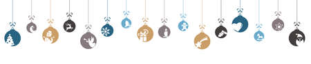 hanging colored baubles with different abstract icons for christmas and winter time concepts or greetings for xmas and New Yearのイラスト素材