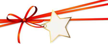 EPS 10 vector illustration of red colored ribbon bow and gift band with shape of a golden star pendant for christmas greetings isolated on white backgroundのイラスト素材
