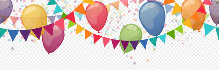 EPS 10 illustration of seamless colored happy garlands and balloons on white background for carnival party or sylvester template usage with transparency in vector fileのイラスト素材