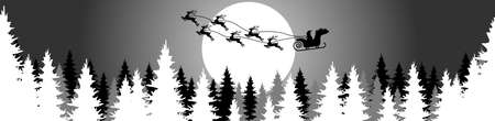 eps vector file showing a silhouette of Santa Claus with sled and reindeer over a forest with full moon, background colored grayのイラスト素材