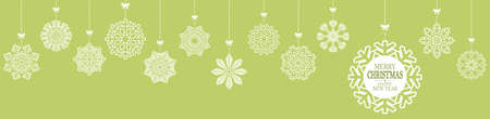 different hanging snow stars for christmas and winter time concepts with greetings for christmas and New Year with green colored backgroundのイラスト素材