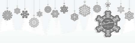 vector panorama banner with different hanging snow stars colored gray in front of wintertime tree landscape for christmas concepts with copy spaceのイラスト素材