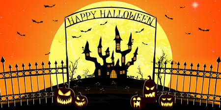 dark castle and cemetery in front of full moon with fence and archway with "Happy Halloween" letters and other scary illustrated elements for Halloween background layoutsのイラスト素材