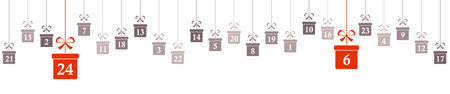 hanging christmas gifts colored gray with numbers 1 to 24 showing advent calendar for xmas and winter time concepts panorama styleのイラスト素材