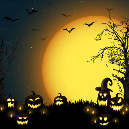 spooky halloween dead tree with some scary pumpkins in front of an orange full moon with batsのイラスト素材