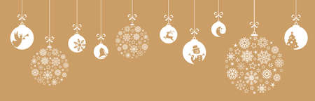 hanging baubles colored white with different abstract icons for christmas and winter time concepts, snow flakes baubles and greetings for christmas and New Yearのイラスト素材
