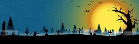 eps vector cemetery in front of woodlands with full moon with scary illustrated elements for Halloween background layoutsのイラスト素材