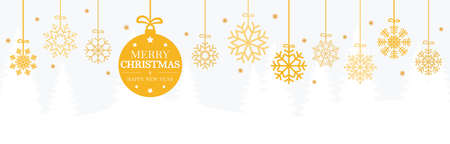 hanging abstract snow flakes colored gold for christmas and winter time concepts, fir tree background and greetings for xmas and New Yearのイラスト素材