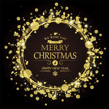 round lightning with dots and sparkle effects colored golden on dark background with Merry Christmas and Happy New Year greetingsのイラスト素材