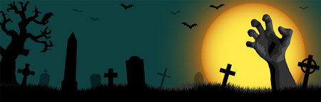 zombie hand in front of full moon with scary illustrated graveyard elements for Halloween background layoutsのイラスト素材