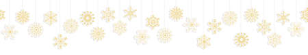seamless vector panorama banner with different hanging snow stars colored gold for christmas and winter time conceptsのイラスト素材
