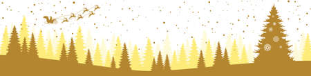 EPS 10 vector file showing christmas time nature landscape background with snow fields, firs, falling flakes, flying santa claus on sled and colored backgroundのイラスト素材