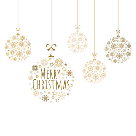 eps vector illustrating hanging baubles colored gold consist of different abstract snow flakes for christmas and winter time concepts with greetings for christmas timeのイラスト素材