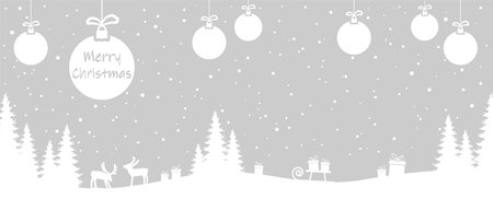 hanging christmas baubles colored white with xmas greetings for advent and winter time concepts, gray nature background with fir trees and other christmas symbolsのイラスト素材