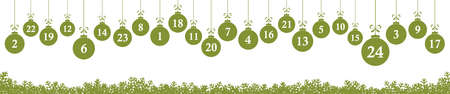 hanging christmas gifts colored green with numbers 1 to 24 showing advent calendar for xmas and winter time concepts panorama styleのイラスト素材