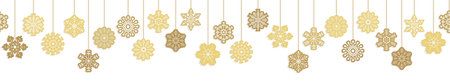 seamless vector panorama banner with different hanging snow stars colored gold for christmas and winter time conceptsのイラスト素材