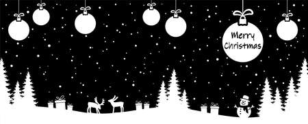 hanging christmas baubles colored white with xmas greetings for advent and winter time concepts, dark nature background with fir trees and other christmas elementsのイラスト素材