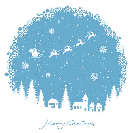 EPS 10 vector file showing round snow flake window christmastime background with typical xmas elements, fall of snow and colored background with flying Santa and his reindeerのイラスト素材