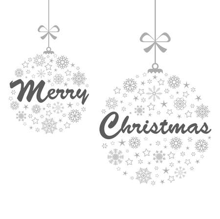 hanging baubles colored silver with different abstract snow flake icons for xmas and winter time concepts, Merry Christmas greetings text within two baublesのイラスト素材