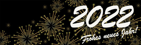 vector file with golden colored fireworks panorama concept for New Year 2022 greetings with black background (text in german)のイラスト素材