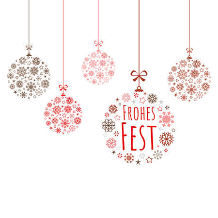 vector illustrating hanging baubles colored red consist of different abstract snow flakes for christmas and winter time concepts with greetings for christmas time (text in german)のイラスト素材