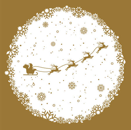 EPS 10 vector file showing round snow flake window christmastime background with typical xmas elements, fall of snow and colored background with flying Santa and his reindeerのイラスト素材