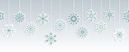 seamless vector panorama banner with different hanging snow stars colored blue for christmas and winter time conceptsのイラスト素材