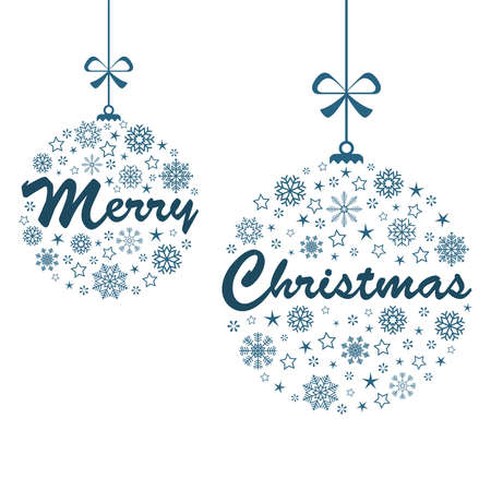 hanging baubles colored blue with different abstract snow flake icons for xmas and winter time concepts, Merry Christmas greetings text within two baublesのイラスト素材