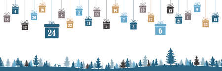 hanging christmas presents colored blue with numbers 1 to 24 showing advent calendar for xmas and winter time concepts, blue nature background with fir trees and christmas symbolsのイラスト素材