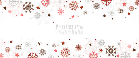 EPS 10 vector background file showing christmas time snow flakes falling on upper and lower side with xmas and new year greetings colored red and whiteのイラスト素材