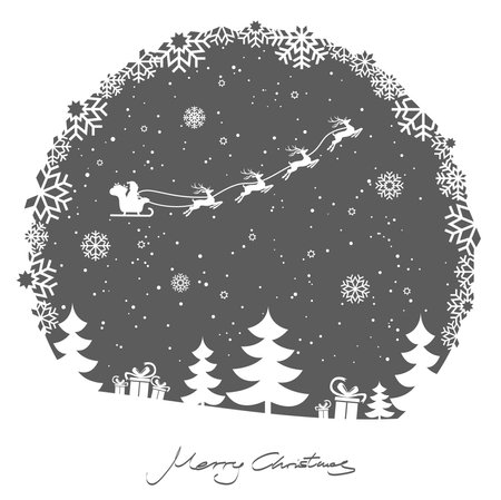 EPS 10 vector file showing round snow flake window christmastime background with typical xmas elements, fall of snow and colored background with flying Santa and his reindeerのイラスト素材