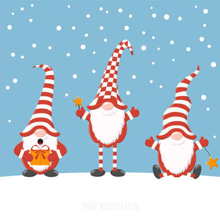 eps vector illustration with christmas gnomes having different characters for xmas and winter time concepts, falling snow flakes on blue colored backgroundのイラスト素材