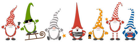 christmas gnomes with different characters and colors for christmas and winter time concepts, greetings for christmas and New Year and white backgroundのイラスト素材