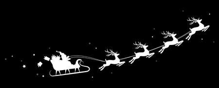 eps vector illustration with silhouette of white Santa Claus with sled and reindeer and some gifts flying in the sky isolated on colored backgroundのイラスト素材