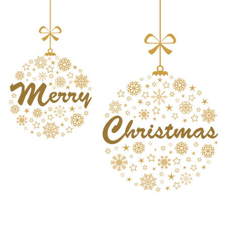 hanging baubles colored gold with different abstract snow flake icons for xmas and winter time concepts, Merry Christmas greetings text within two baublesのイラスト素材