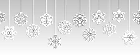 seamless vector panorama banner with different hanging snow stars colored gray for christmas and winter time conceptsのイラスト素材