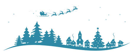 eps vector illustration with silhouette of Santa Claus with sleigh and reindeer over a church, village and trees isolated on white background for christmas and new year greetingsのイラスト素材