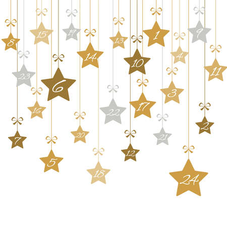 hanging christmas stars colored gold with numbers 1 to 24 showing advent calendar for xmas and winter time concepts, white backgroundのイラスト素材