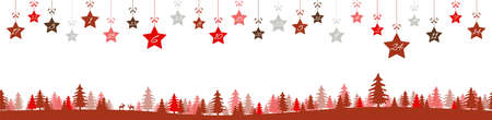 hanging christmas stars colored red with numbers 1 to 24 showing advent calendar for xmas and winter time concepts, red nature background with fir trees and christmas symbolsのイラスト素材